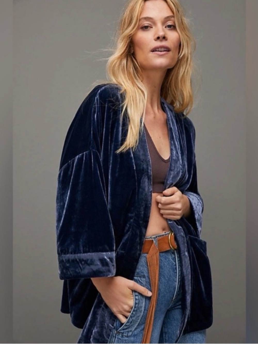 Anthropologie Esme Velvet Open-Front Kimono Robe in Deep Navy